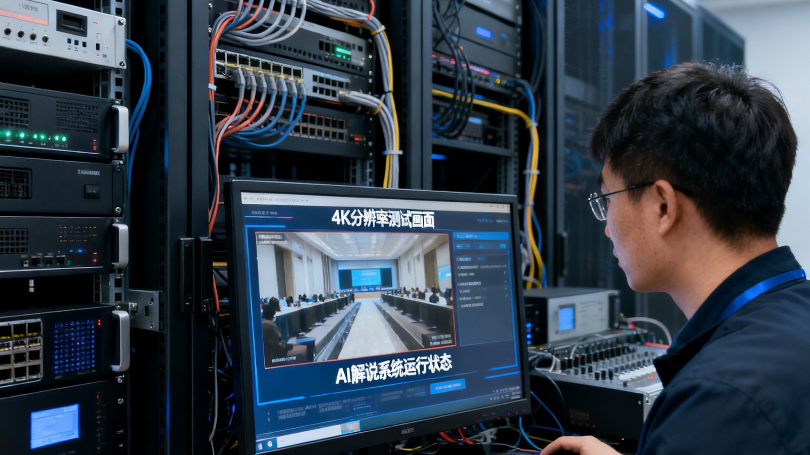 2024欧洲杯直播技术升级新闻配图，工程师在服务器机房内调试设备，屏幕上显示4K分辨率测试画面和AI解说系统运行状态