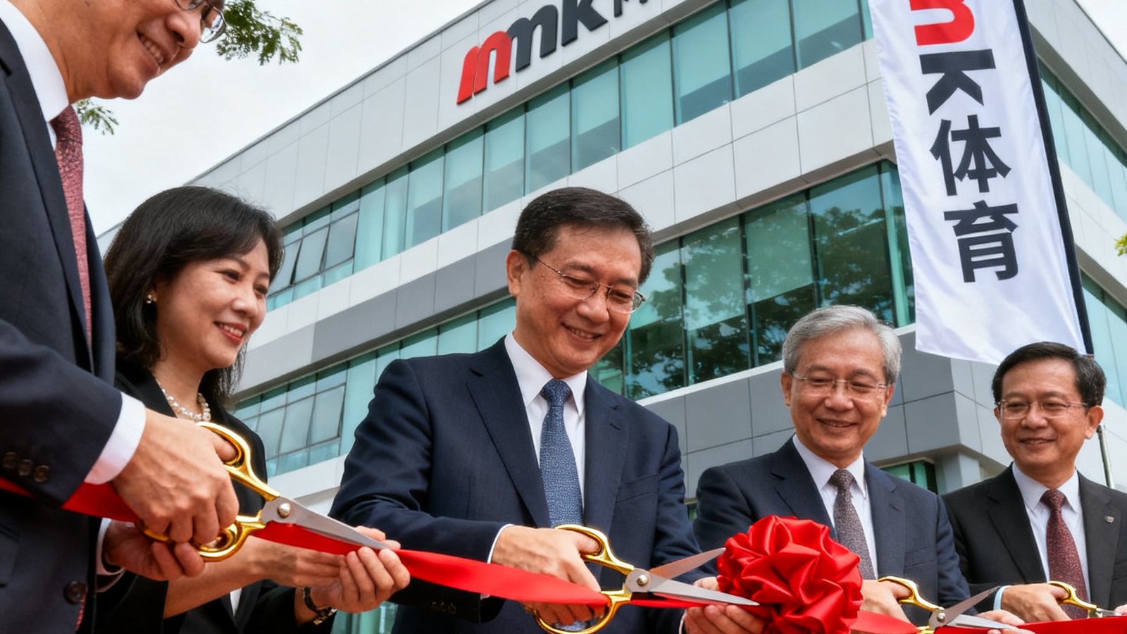 新加坡研发中心启用仪式现场照片，现代风格办公楼外悬挂mk体育旗帜，剪彩嘉宾手持金色剪刀准备剪断红绸带